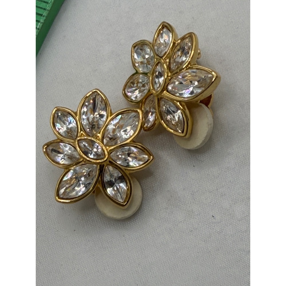 Vintage Swarovski Crystal Flower Clip On Earrings Gold Tone Marquise Signed